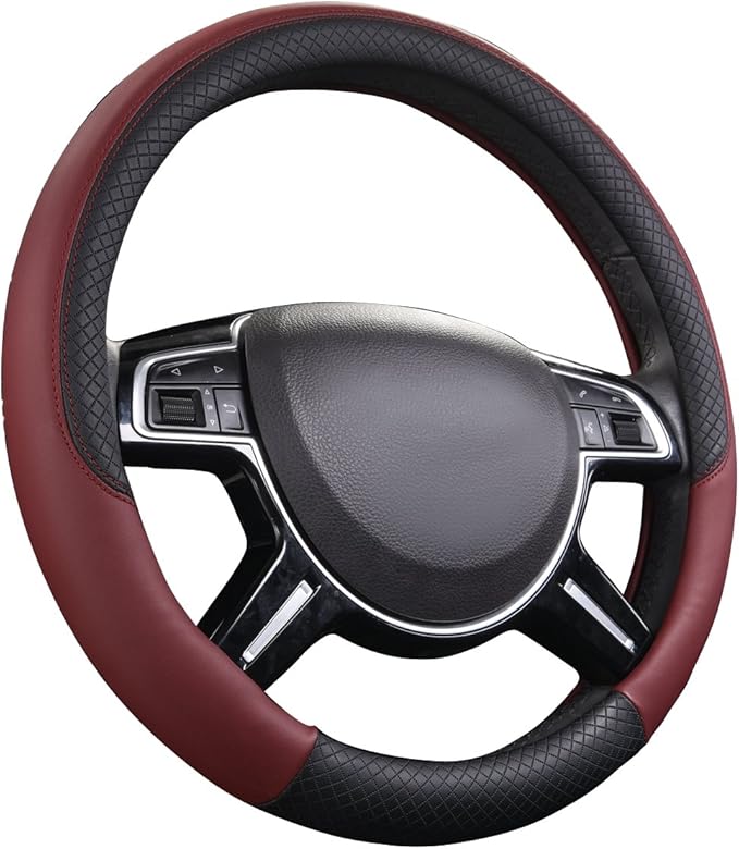 CAR PASS Rhombus Leather Universal Steering Wheel Cover, Fit for Suvs,Trucks,Cars,Sedans,Vans (Black&Burgundy)