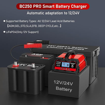 LVYUAN 25Amp Smart Car Battery Charger, 12V/24V Automotive Charger, Lead-Acid Battery, LiFePO4 Battery Maintainer with LCD Display, Trickle Charger, for Lawn Mower, Motorcycle, AGM, STD, Gel, EFB,etc