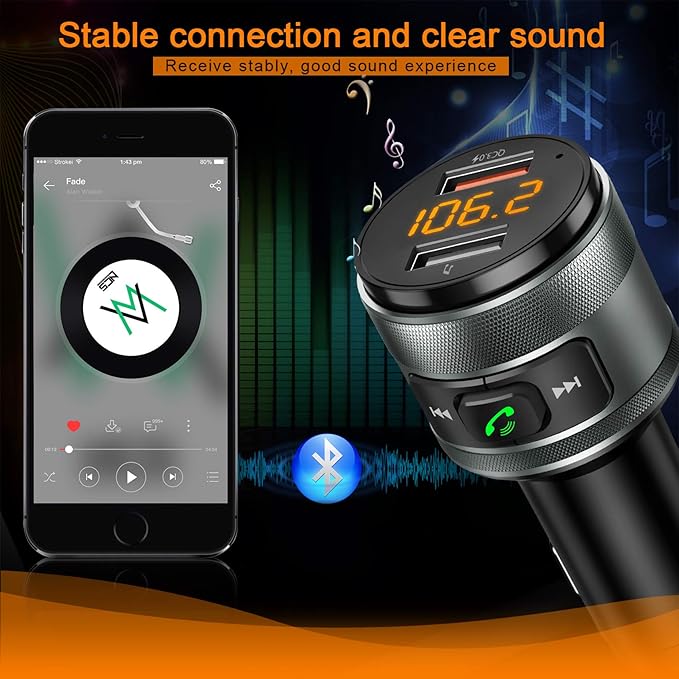 Bluetooth 5.3 FM Transmitter for Car, 3.0 Wireless Bluetooth FM Radio Adapter Music Player FM Transmitter/Car Kit with Hands-Free Calling and 2 USB Ports Charger Support USB Drive