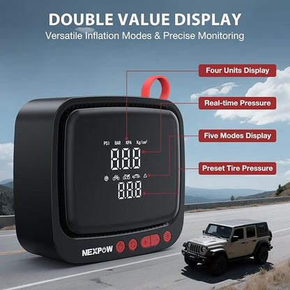 NEXPOW Tire Inflator Portable Air Compressor 150PSI 12V DC Air Pump with Dual Digital Pressure Gauge & Auto Shut-Off, Air Compressor Portable with LED Light for Car, Motorcycle, Bicycle, Ball and More