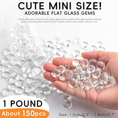 1 LB Clear Glass Marbles, Transparent Mini Flat Glass Beads~150 PCS for Vase Fillers, Floral Bottom Mancala Gems Pebbles Fish Tank Rocks for Table Aquarium,Home Decor Art Craft Supplies(0.5"~0.7")