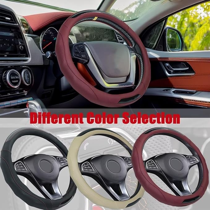 Car Steering Wheel Cover with Cup Coasters, Universal 15 inch Leather Carbon Fiber Steering Wheel Covers Comfort Grip Breathable Anti-Slip Steering Wheel Accessories for SUV Truck Van Auto - Black
