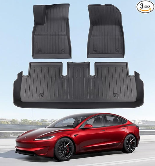 2025 New Version Floor Mats for Tesla Model 3 Highland - Custom Fit All Weather TPE Front & Rear Row Mats, 3-Piece