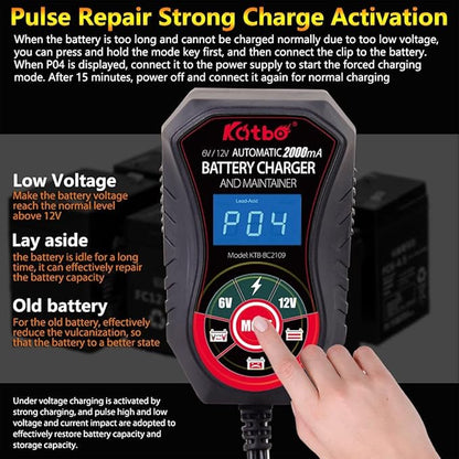 KATBO Battery Charger, 2Amp Battery Maintainer, car Battery Charger 6V 12V, trickle Charger for Car Battery, Motorcycles, Lawn Tractors, Marine AGM, Gel, SLA,Wet