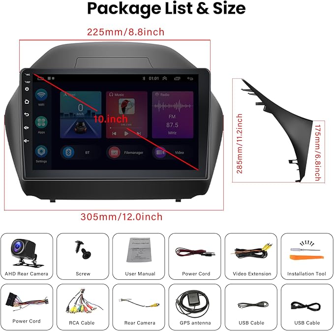 2+64G Android Car Stereo for Hyundai Tucson IX35 2010-2015 with Apple Carplay Android Auto Mirror Link 10.1 inch Touch Screen FM RDS HiFi Bluetooth WiFi GPS+Camera&MIC