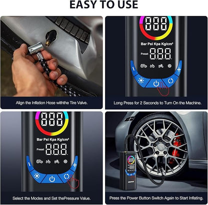 NEXPOW NP17 Portable Air Compressor, 150 PSI Digital Tire Inflator, Fast Inflation with Auto Shut-Off, LED Light, Multiple Nozzles for Car, Bike, and Ball, Compact Design, Blue