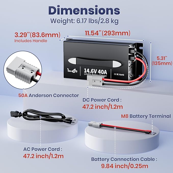 UltraFast 12V 40A LiFePO4 Battery Charger with Smart Activation, LED Indicator & Wire Lugs - Wall-Mountable Design