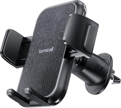 Lamicall 2025 Wider Clamp & Metal Hook Car Phone Holder Vent [Thick Cases Friendly] Phone Holders for Your Car Mount Automobile Hands Free Cradle Air Vent for Smartphone (Wood Grain)