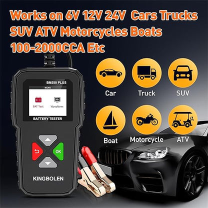 KINGBOLEN BM550 Plus 6V-24V 100-2000 CCA Car Battery Tester, Voltage Waveform Analyzer for Cars Trucks SUV Motorcycle
