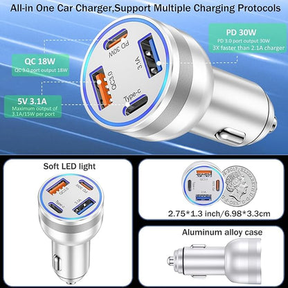 65W Car Phone Charger USB C, 5 Pack 4-Port Cigarette Lighter Adapter, 12V USB C Fast Car Charger Type C Car Adapter, Car Accessories for iPhone 16E 16 15 14 13 12 Pro Max,Galaxy,Pixel,iPad,Android