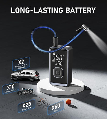 Tire Inflator Portable Air Compressor, 150PSI Cordless Mini Air Pump with Digital Pressure, Bike Pump, 3X Fast Inflation Tire Inflator for Car, Motorcycle, Bike, Ball-LED Light and Auto Shut-Off