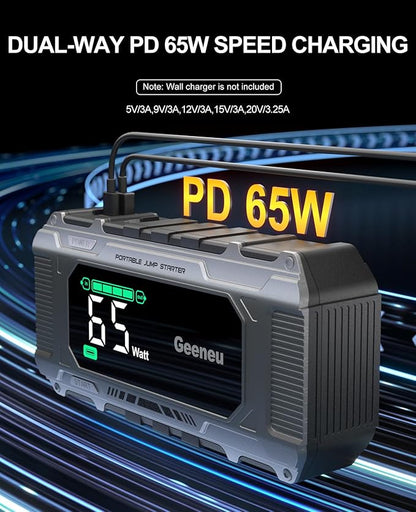 Car Jump Starter Battery Jumper Pack 8000A 65W PD Fast Charging, Portable 12V Car Battery Charger Booster Jump Box (All Gas/12.0L Diesel), Power Vehicle Jumper with Large Screen,150W DC, Lights