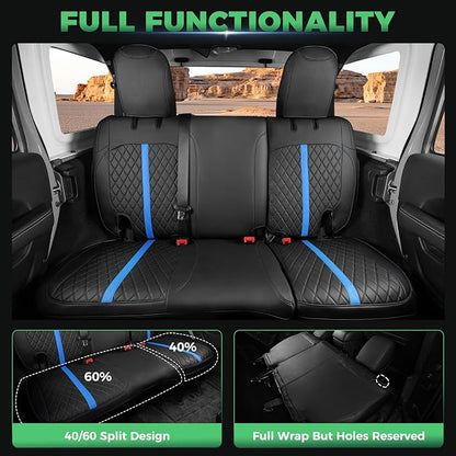 for Jeep Wrangler Seat Covers 4Door JK 2013 2014 2015 2016 2017, Custom Car Seat Cover Full Set, Luxury Leather Seat Protectors, Waterproof SUV Interior Cushions Accessories, Black Blue Trim