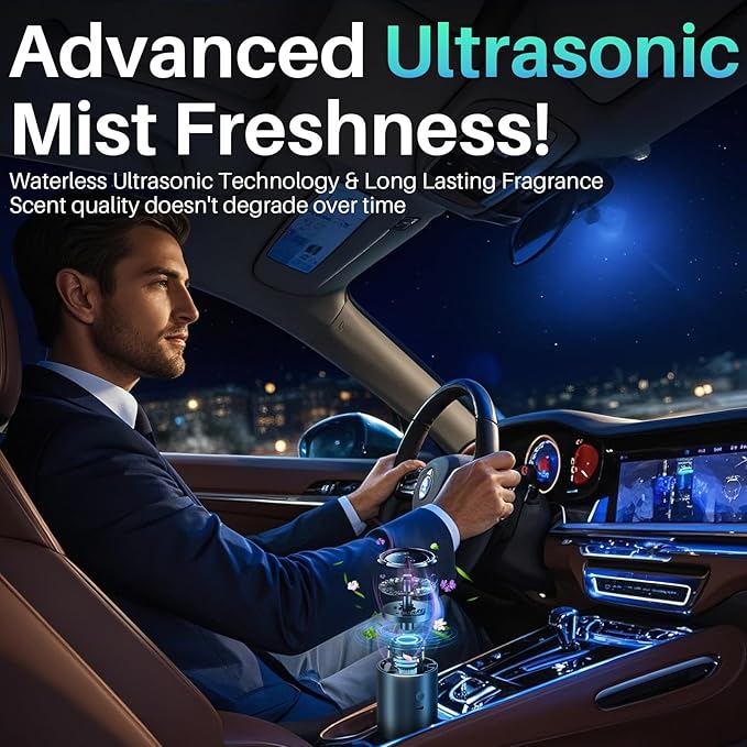 Smart Car Air Freshener Diffuser, Car Diffuser Air Fresheners Long Lasting with 100ml Capacity Essential Oil Last 6 Months, RGB Music Syncing Light, Auto On/Off, 5 Adjustable Car freshener, Azure