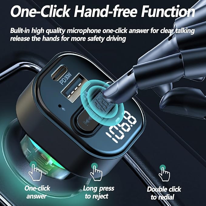 Bluetooth 5.3 FM Transmitter for Car, Bluetooth Car Adapter with Type-C PD(30W) Charger and QC3.0 USB Port, Wireless FM Radio Transmitter, Support MP3 Player, Handsfree Calling, Backlit,U Disk, Grey