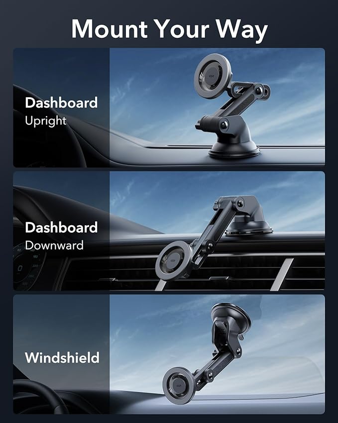 ESR Dashboard Magnetic Phone Holder for Car, for MagSafe Car Mount, Windshield Vacuum Car Mount for iPhone 16/16e/15/14/13/12, Samsung, Car Accessories, Charging Not Supported,2 Metal Rings Included
