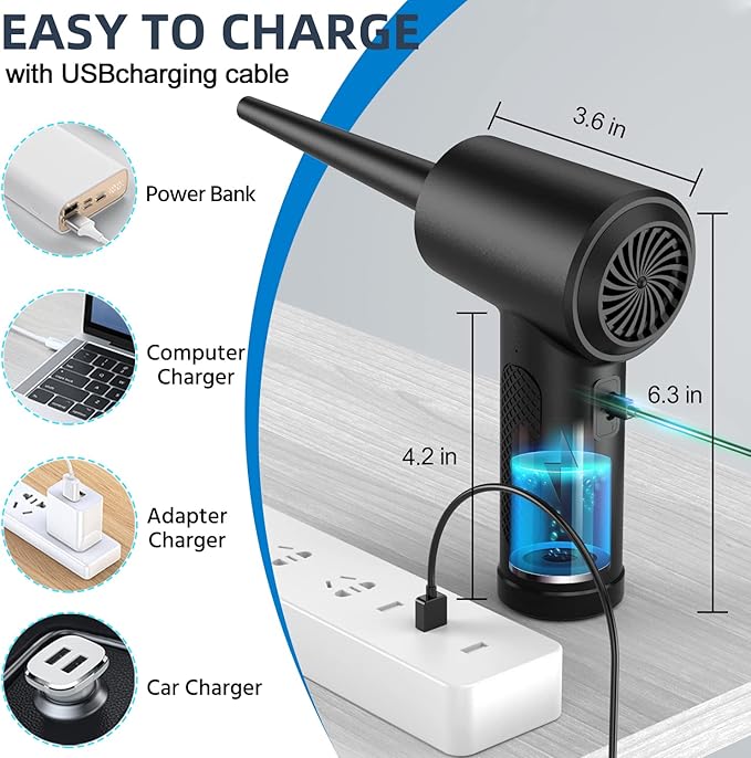 Electric Air Duster & Blower, 120,000RPM Compressed Air Duster for PC/Keyboard/Car, 7600mAh Rechargeable, 3-Speed LED Fan, No Canned Air - Keyboard Cleaner, Turbo Fan, PC Cleaning Kit
