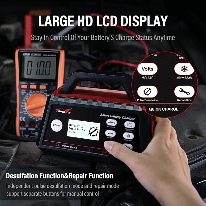 TowerTop Smart Car Battery Charger: 10A Battery Chargers 6V/12V Boat Battery Chargers with Auto Desulfator, Repair, Maintainer, Winter Mode, Suitable for AGM, Lithium (LiFePO4), Deep-Cycle Batteries