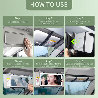 2 Pcs Car Sun Visor Vanity Mirror,Dimmable Rear View Visor Makeup Mirror with 3 Light Modes,Black