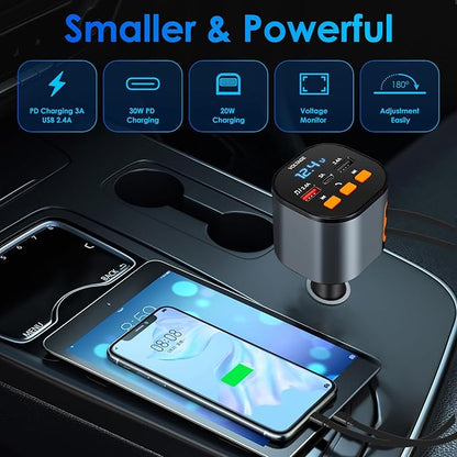 Retractable Car Charger,5 in 1 Fast Car Phone Charger 90W,Bluetooth 5.3 FM Transmitter Adapter,Handsfree Call,2 Retractable Cables and USB Cars Chargers for iPhone 15/14/13 (Black)