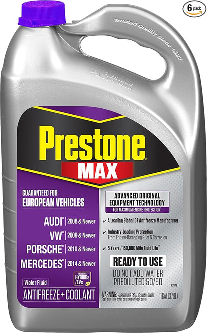 Prestone AF6510 MAX European Vehicles Violet Antifreeze and Coolant, 1 Gallon, Pack of 6