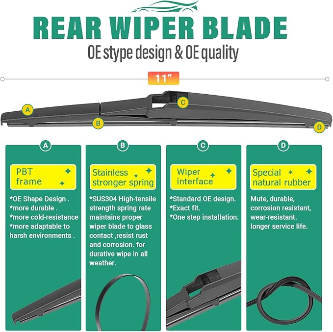 18" 18" 11" Windshield Wiper Blades Replacement for Chevy Chevrolet HHR 2006 2007 2008 2009 2010 2011 Premium All Weather Front Rear Wipers Set - OEM Quality (Pack of 3)