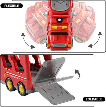 TEMI Fire Toys for 3 4 5 6 Years Old Boys Girls - 5 in 1 Carrier Truck Transport for Toddlers 1-3, Friction Powered Vehicles for Kids 3-5, Christmas Birthday Gifts - Age 3-9