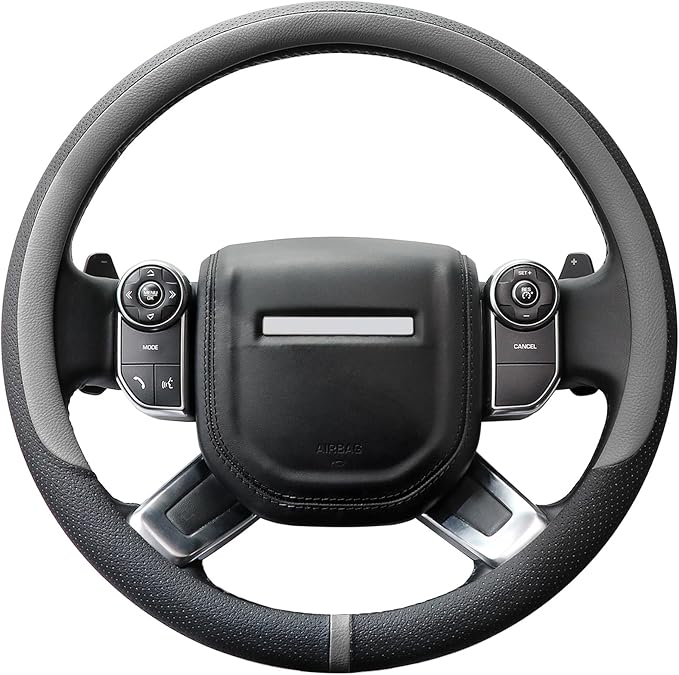 COFIT Breathable Car Steering Wheel Cover 16 inch Auto Universal Leather Wrap Non-Slip Steeringwheel Protector Automotive Interior Accessories, Grey (Suit for 15.5-16 inch)