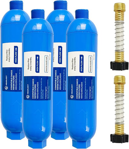 Hourleey 4 Pack RV Inline Water Filter with 2 Flexible Hose Protector, Reduce Bad Taste, Odors, Rust, Fluoride, Chlorine and Sediment in Drinking Water, Dedicated for RVs Campers Marines