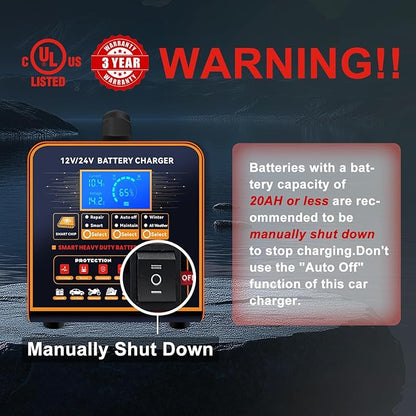 SolaMr 12V 24V Heavy Duty Car Battery Charger, 0-20A Trickle Charger for Car Truck Motorcycle Lawn Mower Battery AGM, Metal Case Smart Battery Maintainer with Automatic Shutoffs, Repair, Winter Mode