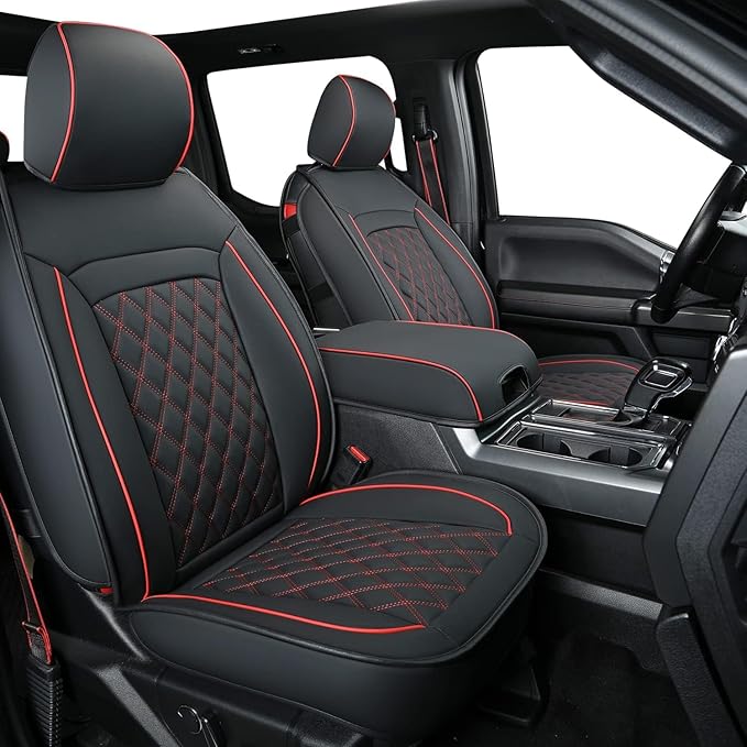 LUCKYMAN CLUB F150 Faux Leather Seat Covers Fit for 2015-2025 F150 and 2017-2025 F250 F350 F450 Pickup Trucks(Full Set, Black&Red)