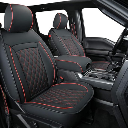 LUCKYMAN CLUB F150 Faux Leather Seat Covers Fit for 2015-2025 F150 and 2017-2025 F250 F350 F450 Pickup Trucks(Full Set, Black&Red)