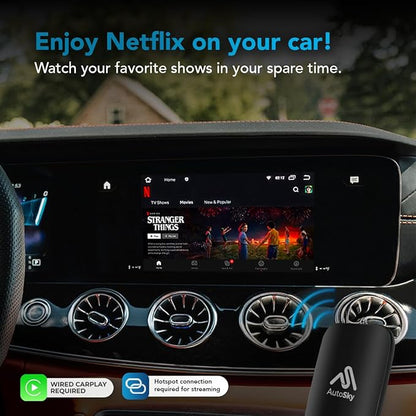 AutoSky Wireless CarPlay and Android Auto AI Box Lite for Factory Wired CarPlay Cars - Supports Netflix and YouTube Must use Hotspot - Go Wireless CarPlay and Android Auto. Wired CarPlay Required