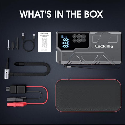 【New】 Lucklike Jump Starter with Air Compressor, 4000A Portable Car Battery Jumper Starter Pack for 10L Gas and 8L Diesel, Tire Inflator with Presssure Detection, 12V Jump Box with 3 Modes Flashlight