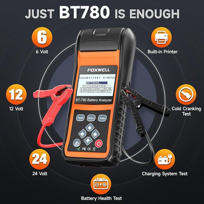FOXWELL BT780 Car Battery Tester, 12V 24V Battery Load Tester with Printer 100-2000CCA Digital Automotive Cranking Charging System Analyzer for Car Motocycle Heavy Duty Truck Marine SUV Boat