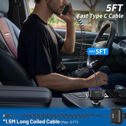 5 in 1 Cigarette Lighter Splitter with 5ft Coiled Cable, 2-Socket Cigarette Lighter Adapter, Dual Car Charger Splitter, 12V/24V Splitter for iPhone/iPad//GPS/Dash Cam/Laptop