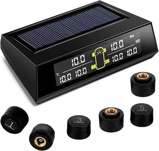RV TPMS Tire Pressure Monitoring System, TS200 Solar Wireless TPMS with 6 Tire External Sensors Digital LCD Display RV Auto Security Alarm for Car RV Trailer Truck Tow Motorhome