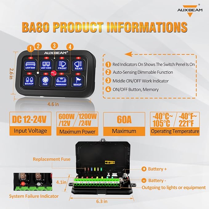 Auxbeam 8 Gang Switch Panel BA80, Universal Circuit Control Relay System Box with Automatic Dimmable On-Off LED Switch Pod Touch Switch Box for Car Pickup Truck Boat UTV ATV, Blue 2 Years Warranty