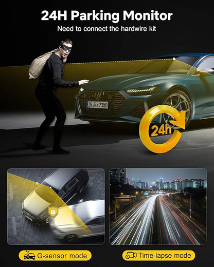 GKU Dash Cam Front and Rear, 3.18'' Touchscreen, 4K+1080P Dashcam, Built-in GPS, 5.8GHz WiFi Dash Camera for Cars with 24H Parking Monitor, Night Vision, WDR, Supports 512GB Max