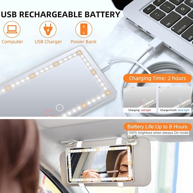 Car Sun Visor Vanity Mirror, Rechargeable Makeup Mirrors with 3 Light Modes & 60 LEDs- Dimmable Clip-on Rear View Sun-Shading Cosmetic Mirror with Touch on Screen, Universal for Truck SUV(Grey)