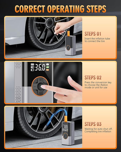 Tire Inflator Portable Air Compressor,180PSI & 3X Faster Air Pump for Car Tires with Digital Pressure Gauge, 25000mAh Air Compressor for Car, Motorcycle, Bicycle, Ball and More.