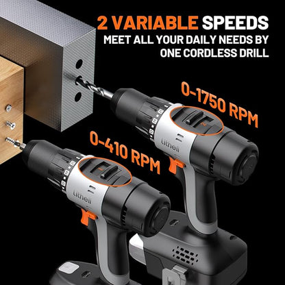Litheli Cordless Drill Driver, Electric Power Drill with 2 Variable Speed Settings, 1/2 Inch Keyless Chuck, 21+1 Clutch Settings with Maximum Torque of 443 In-lbs (Battery and Charger not Included)