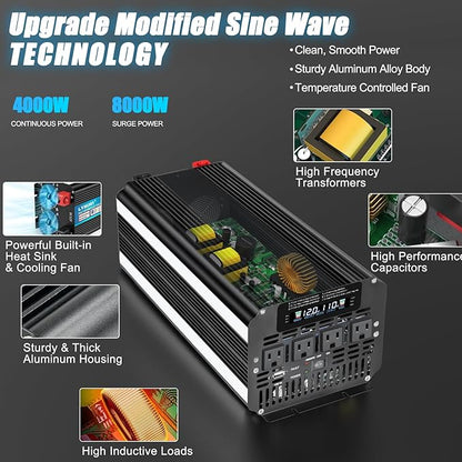 LVYUAN 4000 Watt Power Inverter 12V to 110V 120V for Vehicle, Solar Inverter System, Heavy Duty, RV, Truck, Off Grid,Camping with 4 AC Outlets, LCD Display, Wireless Remote Control, Car Power Inverter