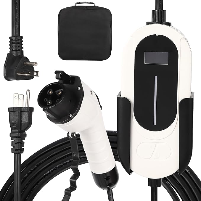 Level 1&2 EV Charger, 16A 110-240V Dual Voltage, NEMA 6-20 & 5-15 Plug, 25ft Cable, Adjustable Current/Delay Timer, SAE J1772 Listed Portable Electric Car Charger for Indoor/Outdoor Use