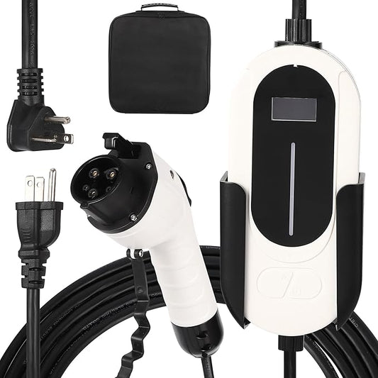 Level 1&2 EV Charger, 16A 110-240V Dual Voltage, NEMA 6-20 & 5-15 Plug, 25ft Cable, Adjustable Current/Delay Timer, SAE J1772 Listed Portable Electric Car Charger for Indoor/Outdoor Use