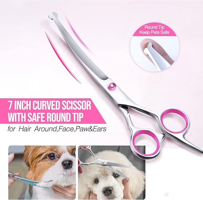 Gimars Dog Grooming Scissors Kit Professional 4CR with Safety Round Tip, 5 in 1 Heavy Duty Titanium Coated Thinning & Curved & Straight Shears