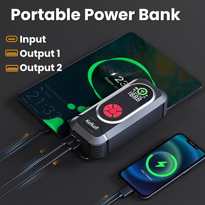 Jump Starter with Air Compressor, 5000A Car Battery Jump Starter Portable 150 PSI Tire Inflator Portable Air Compressor for Up to 10.0L Gas & 10.0L Diesel Engines, LED Light, Jumper Cables