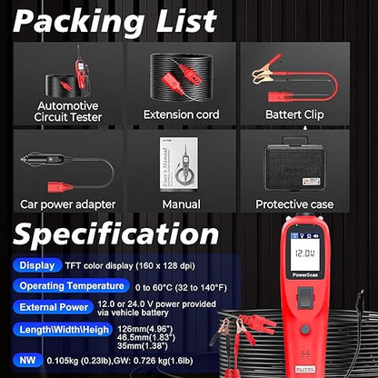 Autel PowerScan PS100 Power Circuit Probe Tester, Breaker Finder, 12V 24V Automotive Electrical Diagnostic Tool with 20ft Extension Cable, AVOmeter, Test Light, Continuity Checker, for 99% Cars