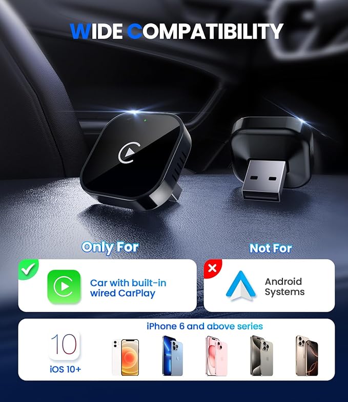 Teeran Wireless CarPlay Adapter 2025 Upgrade Wired CarPlay to Wireless, Mini USB Design for Cars with Built-in Wired Apple CarPlay Plug and Play Easy Use Fast Stable Connection Car Play for iPhone