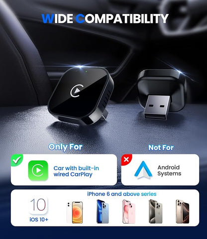 Teeran Wireless CarPlay Adapter 2025 Upgrade Wired CarPlay to Wireless, Mini USB Design for Cars with Built-in Wired Apple CarPlay Plug and Play Easy Use Fast Stable Connection Car Play for iPhone